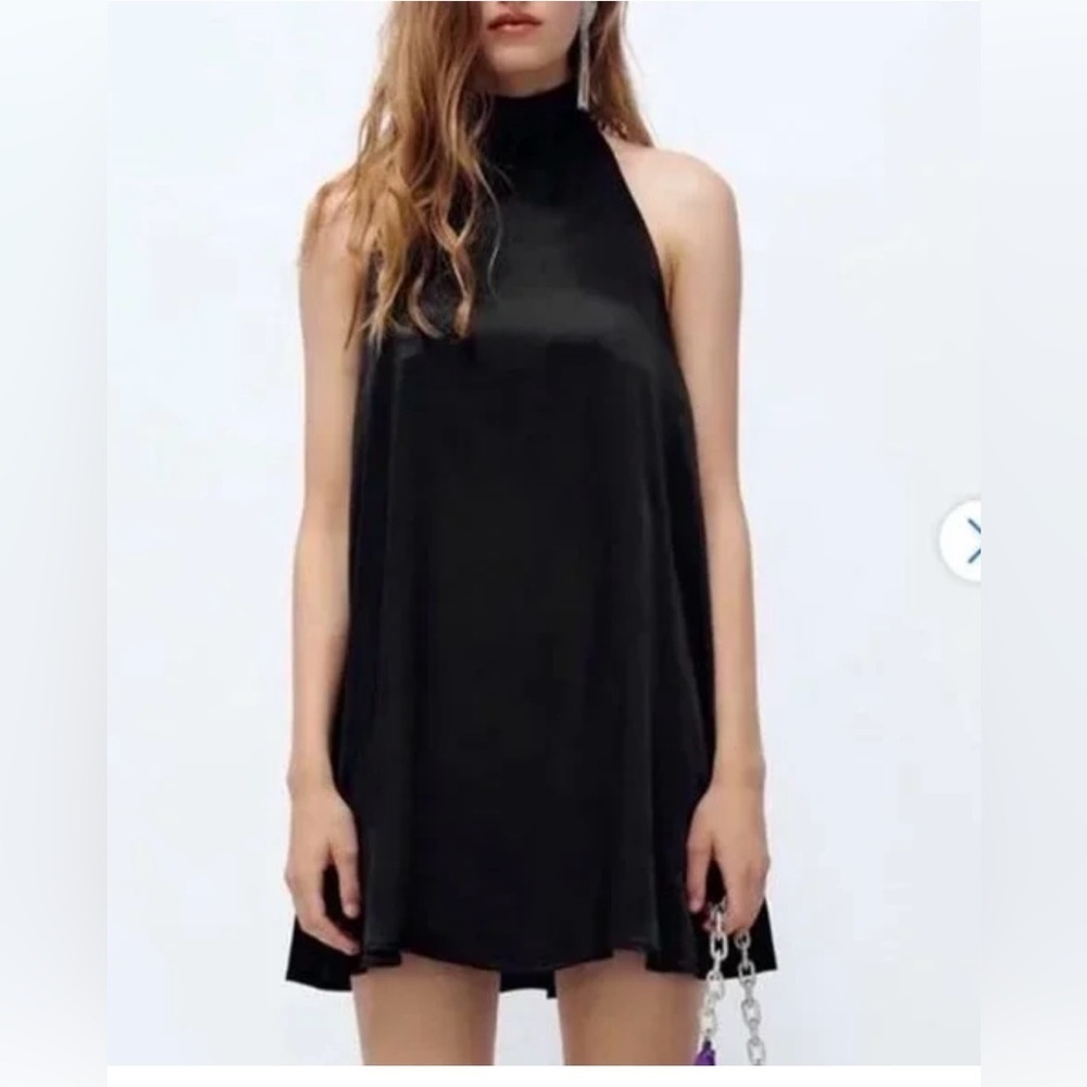ZARA Satin Like Halter Mini Black Dress Large NWT